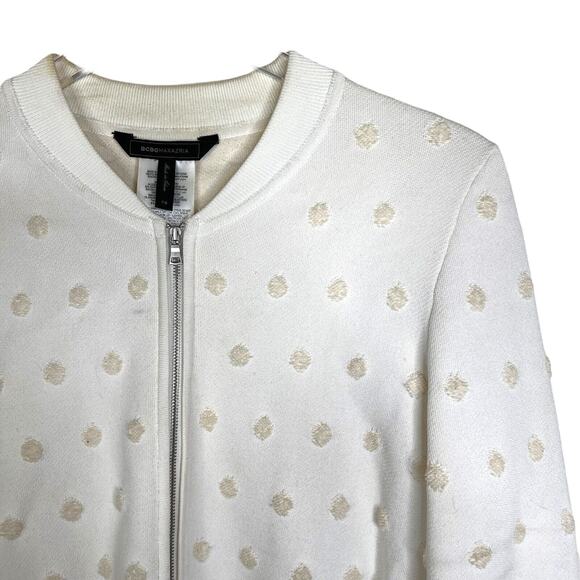 BCBGMAXAZRIA Leesa Jacquard Polka Dot Knit Bomber Jacket FLAW White Ivory XS - Picture 4 of 9